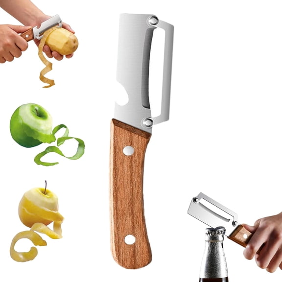 Kitchen Multi-Function Stainless Steel Thickened Fruit Peeler Knife, Thickened Wooden Handle Fruit Peeler with Bottle Opener, for Fruit Pumpkin Papaya Peeling Potato Carrot Veggie Peeler (1pcs)
