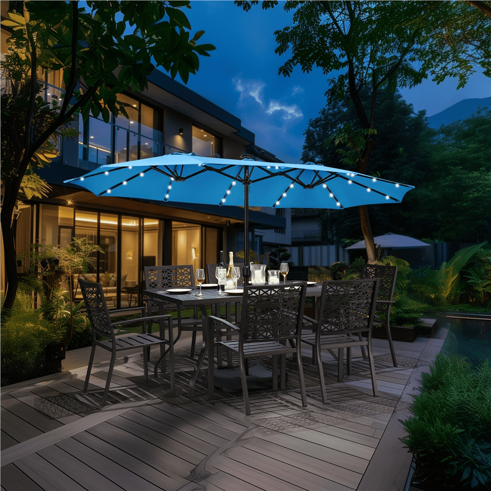 Renwick 13ft Large Patio Umbrella with Solar Lights & Base, Sky Blue