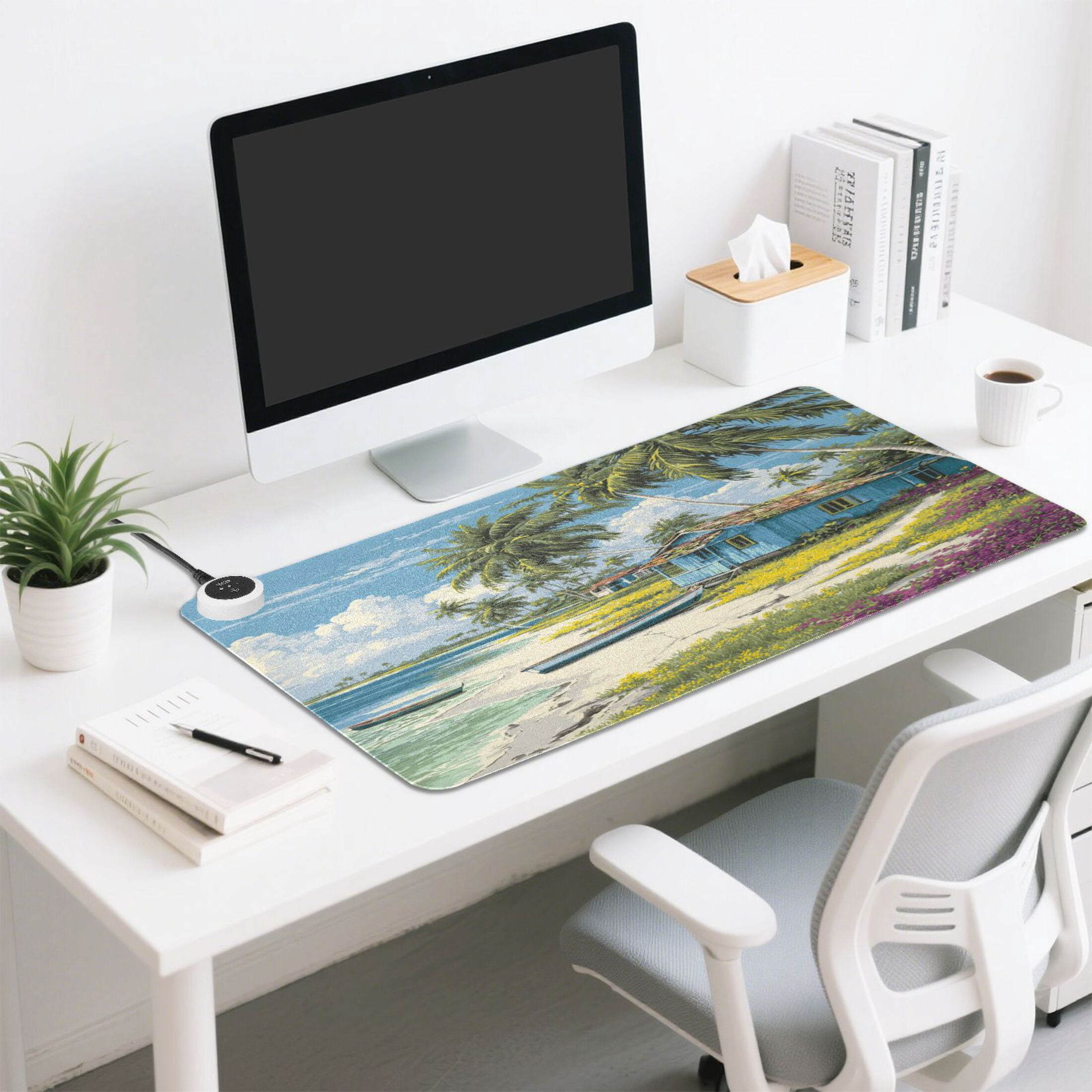 Large Heated Desk Mat Mouse Pad 31.5"x13"PU Leather Graphene Heating Desk Warmer with 3 Temperature Settings 110V US Plug Non-Slip Warm Pad for Home, Office, and Gaming Tropical Beach Hut Escape
