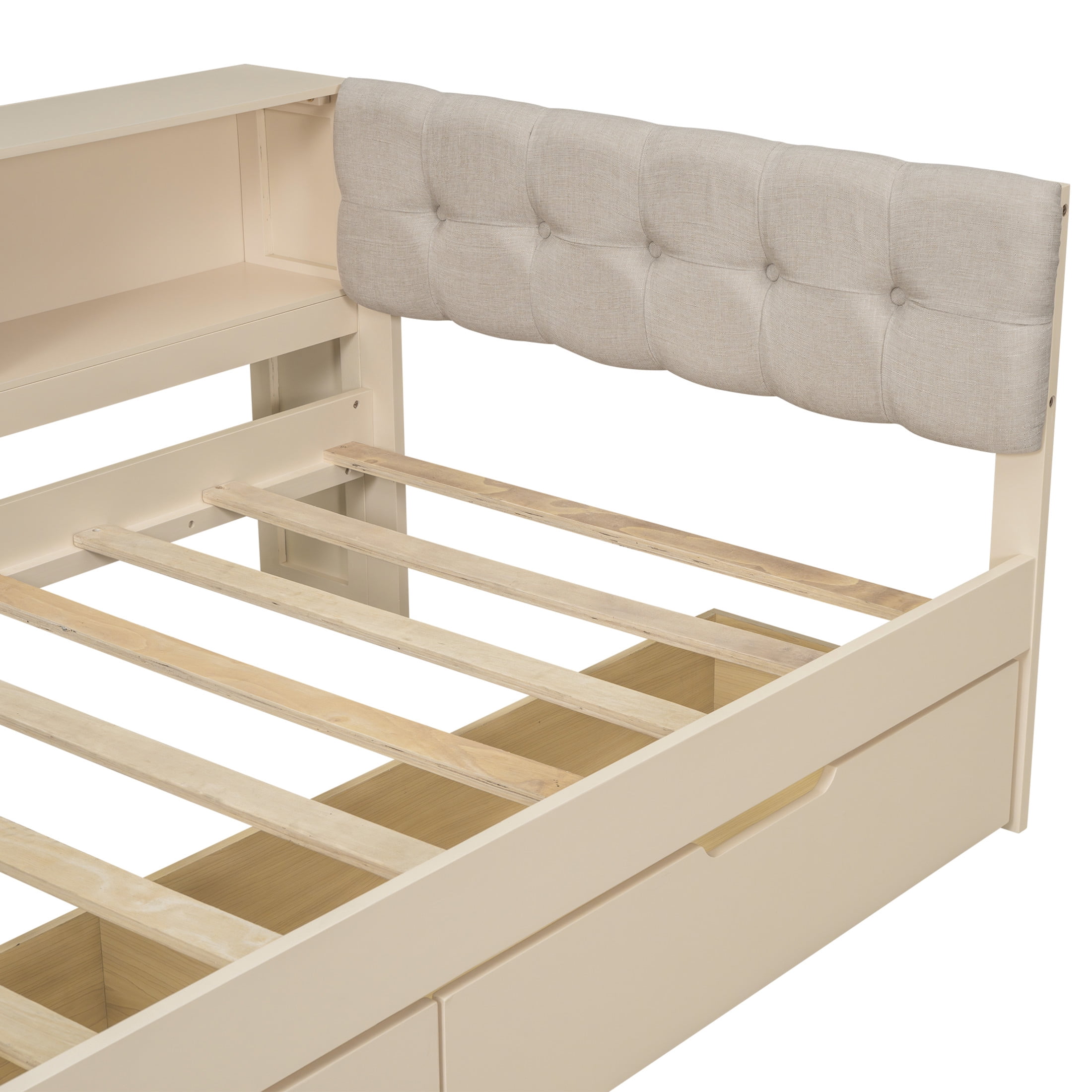Noble House Udolf Twin Platform Bed with Upholstered Headboard, Storage Shelves and Drawers, Charging Station, Cream