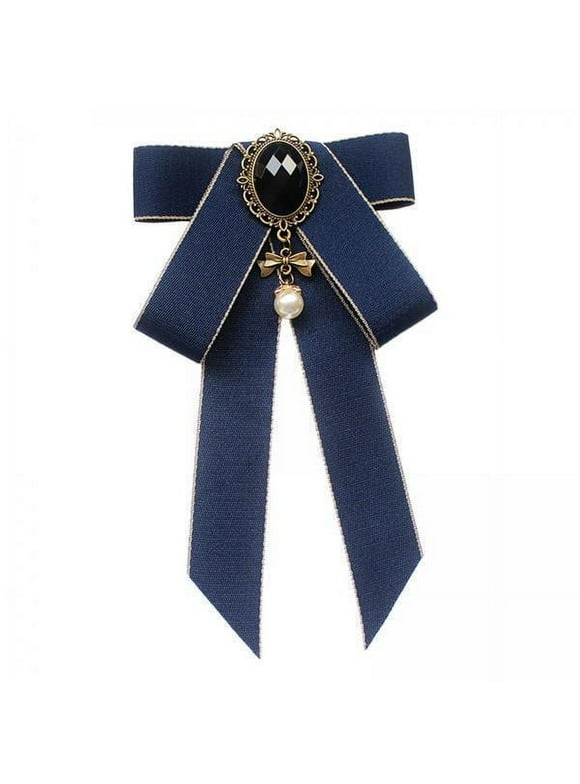 2xRibbon Bow Brooch Pre Tied Bowknot Ladies Necktie for Uniform Blouse Student Dark Blue