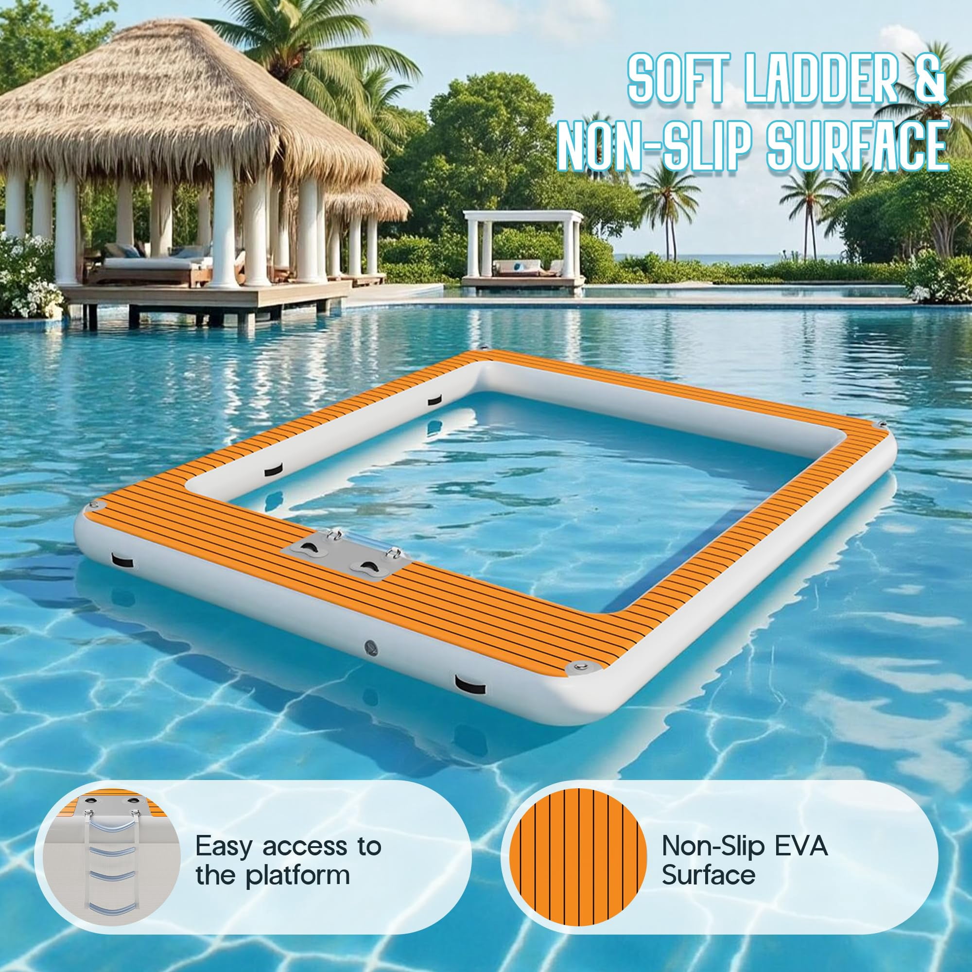 Jocisland 12×10FT Inflatable Sea Pool, Floating Swimming Pool Platform with Safety Net, Modular Swim Air Dock with Electric Air Pump for Ocean Party