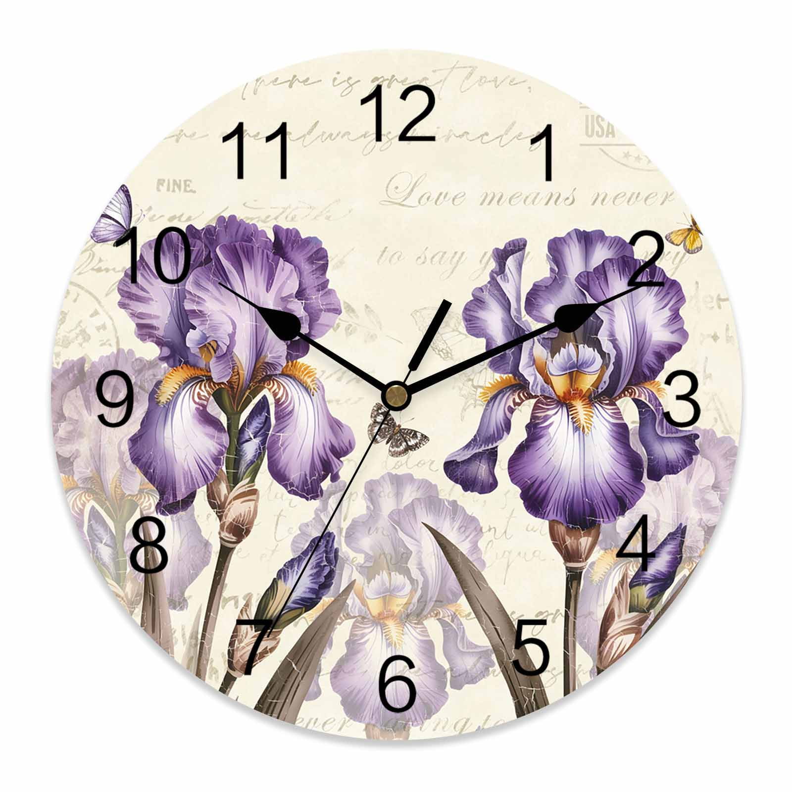Wall Clock Purple Iris Floral Clocks PVC Silent Non-Ticking Battery Operated Decorative Butterfly Elegant Blossoms Flowers Round Clock for Home Living Room Kitchen Bedroom Office Wall Decor 10 Inch