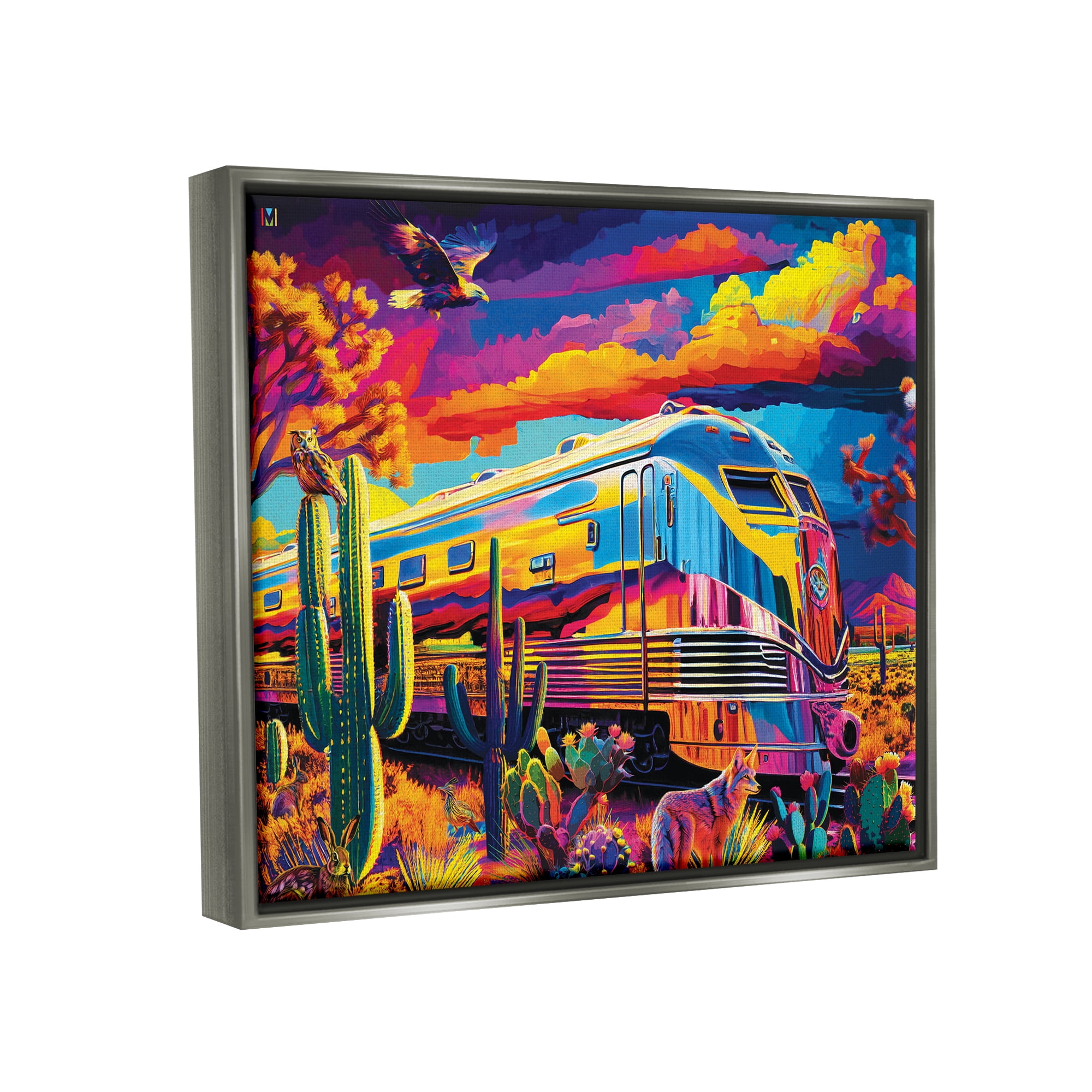 Stupell Industries Vivid Desert Train Scene Transportation Painting Gray Floater Framed Art Print Wall Art, 21 x 17