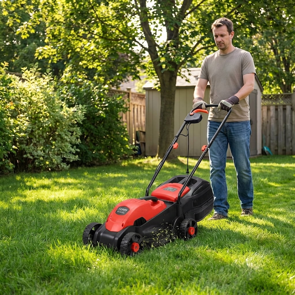 Kadyn 14 Inch 12 Amp Electric Push Corded Lawn Mower with 30L Grass Bag, 3 Adjustable Cutting Heights, Foldable Handle, One-Touch Start, Red