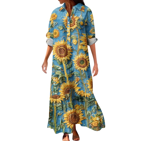 CharmCyan Women's Fashionable And Elegant Autmn And Winter Button Lapel Three-quarter Sleeve Three-dimensional Printed Dress Cyan L