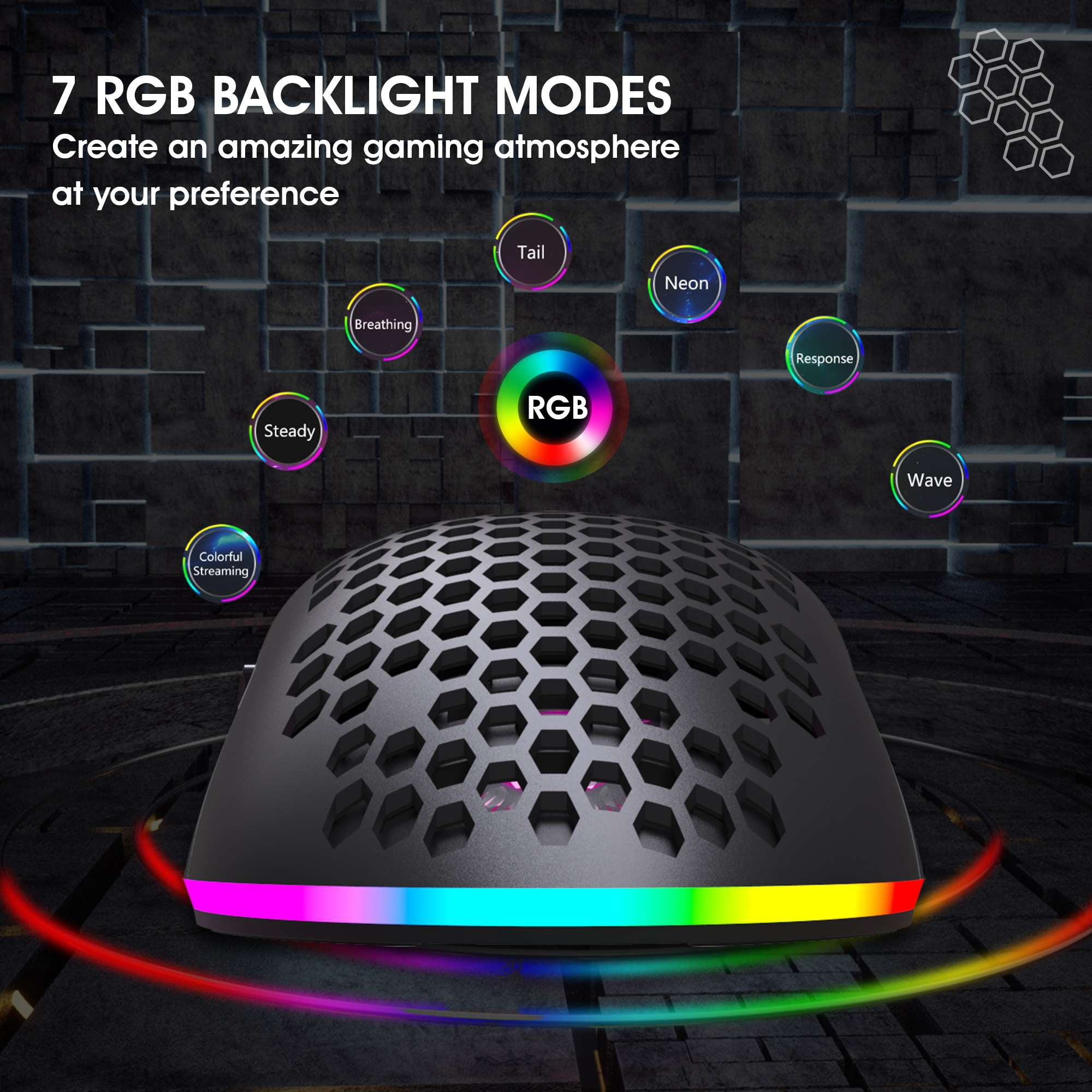 Hexamurby Ultralight Wireless Gaming Mouse,6 Kinds RGB Backlit,5 Levels Adjustable,Lightweight Honeycomb Shell Mice for PC Gamers(Black)