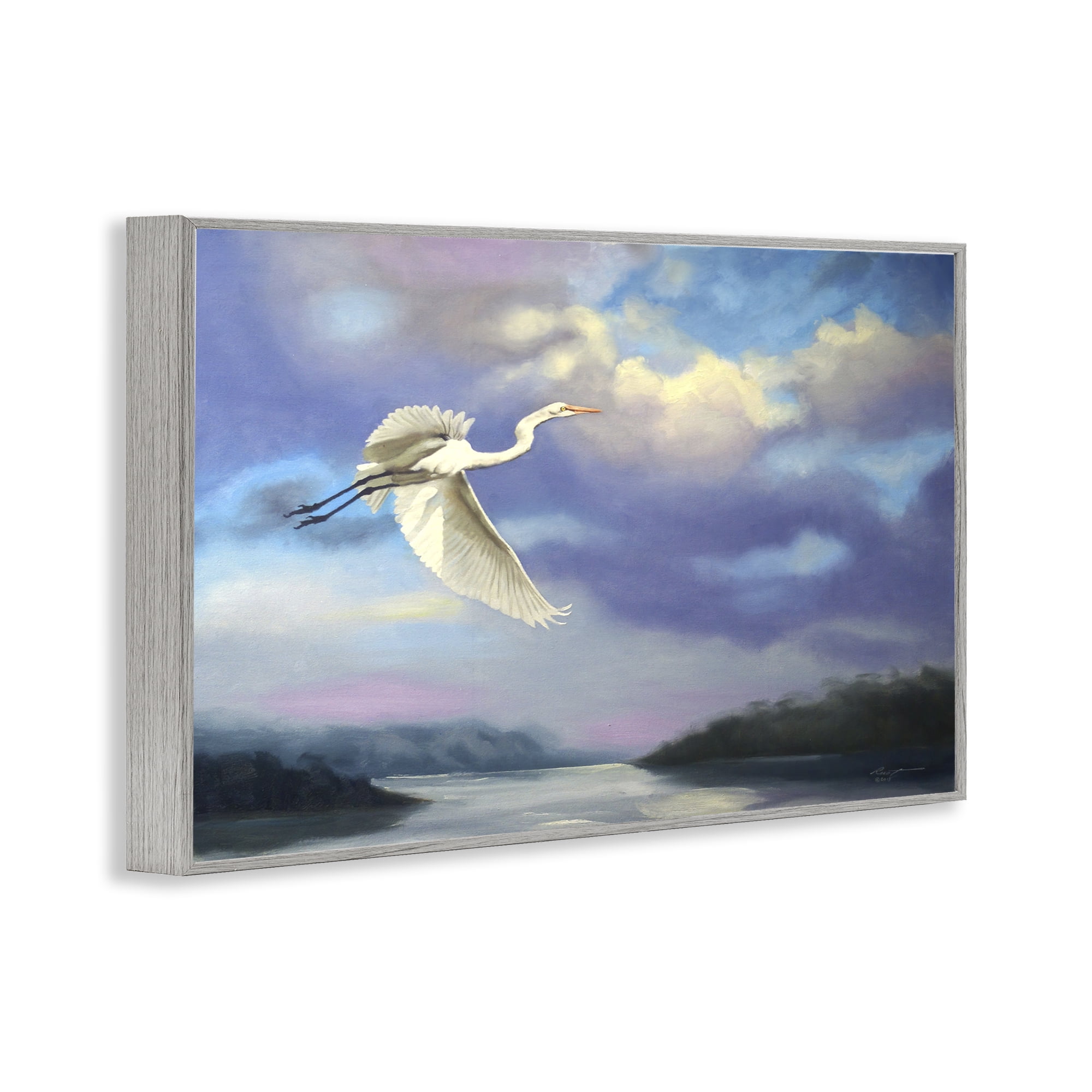 Stupell Industries Egret Over Clouds Landscape Painting Gray Framed Art Print Wall Art, 24 x 16