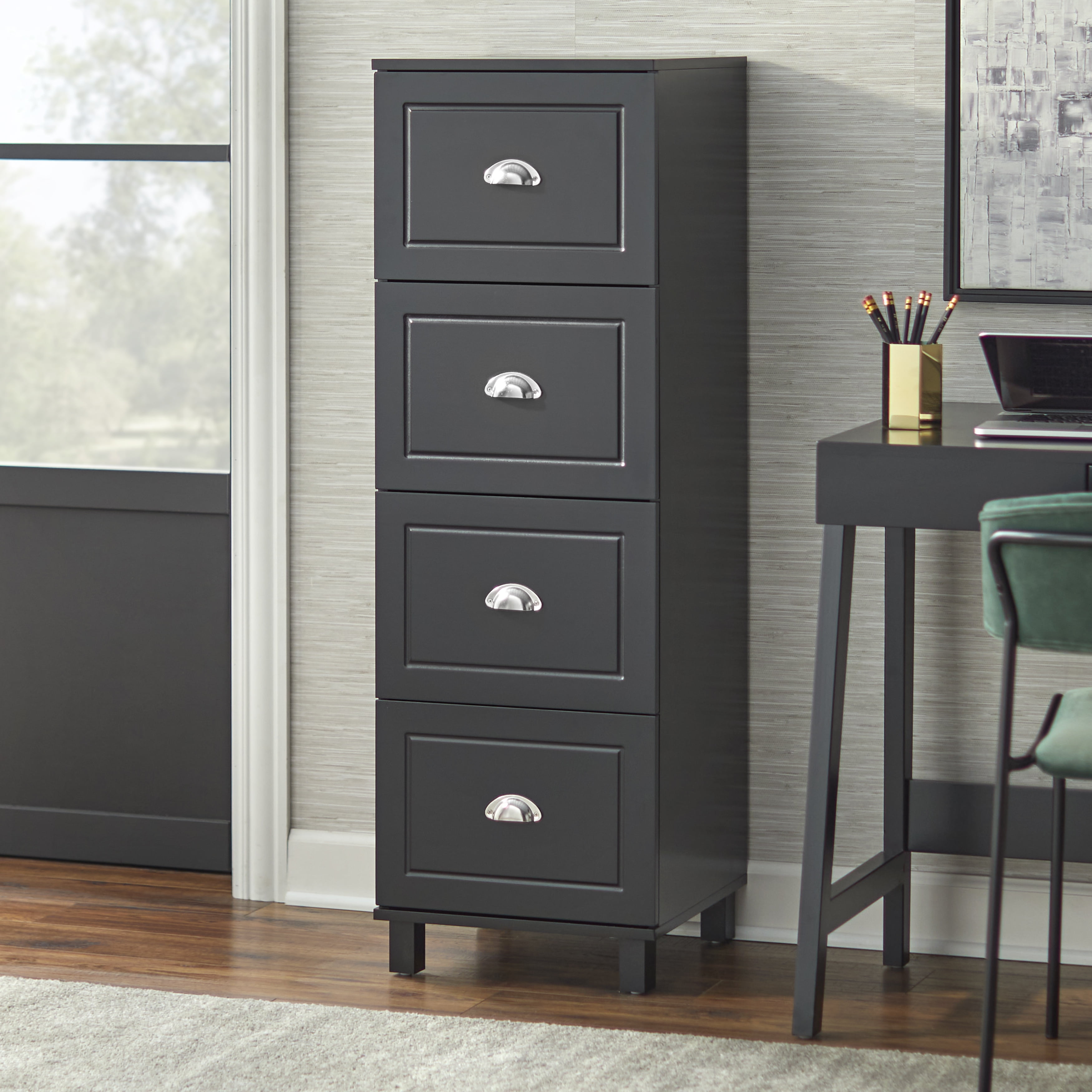 TMS 4 Drawer Vertical Wood Filing Cabinet Black