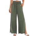 thumbnail image 2 of Pantalon Large en Lin Confortable pour Femmes - Été Ample, Taille Haute, Style Palazzo Plage, avec Poches, Polyester, 2 of 5