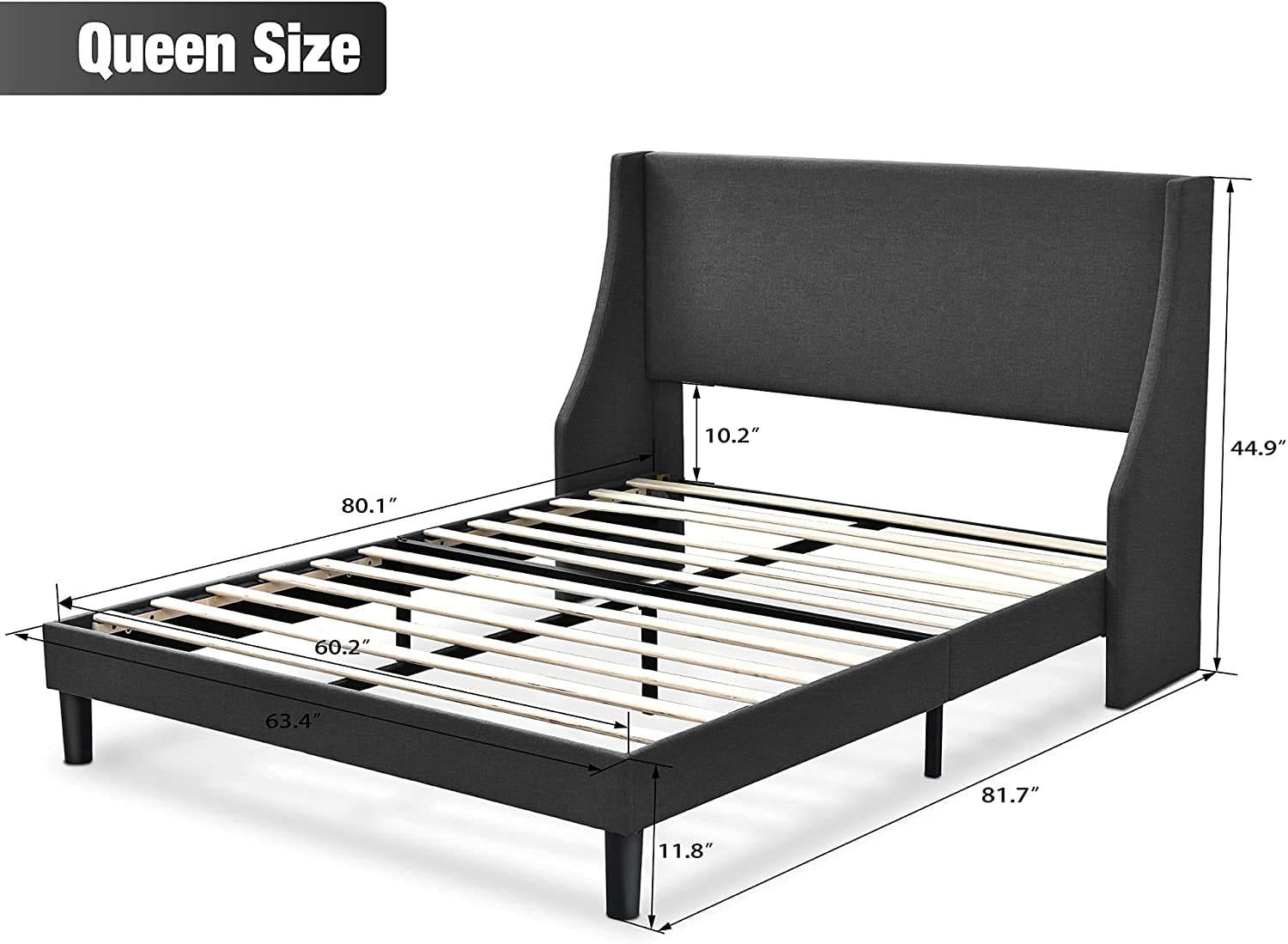 Einfach Queen Size Platform Bed Frame with Wingback Headboard, Dark Grey
