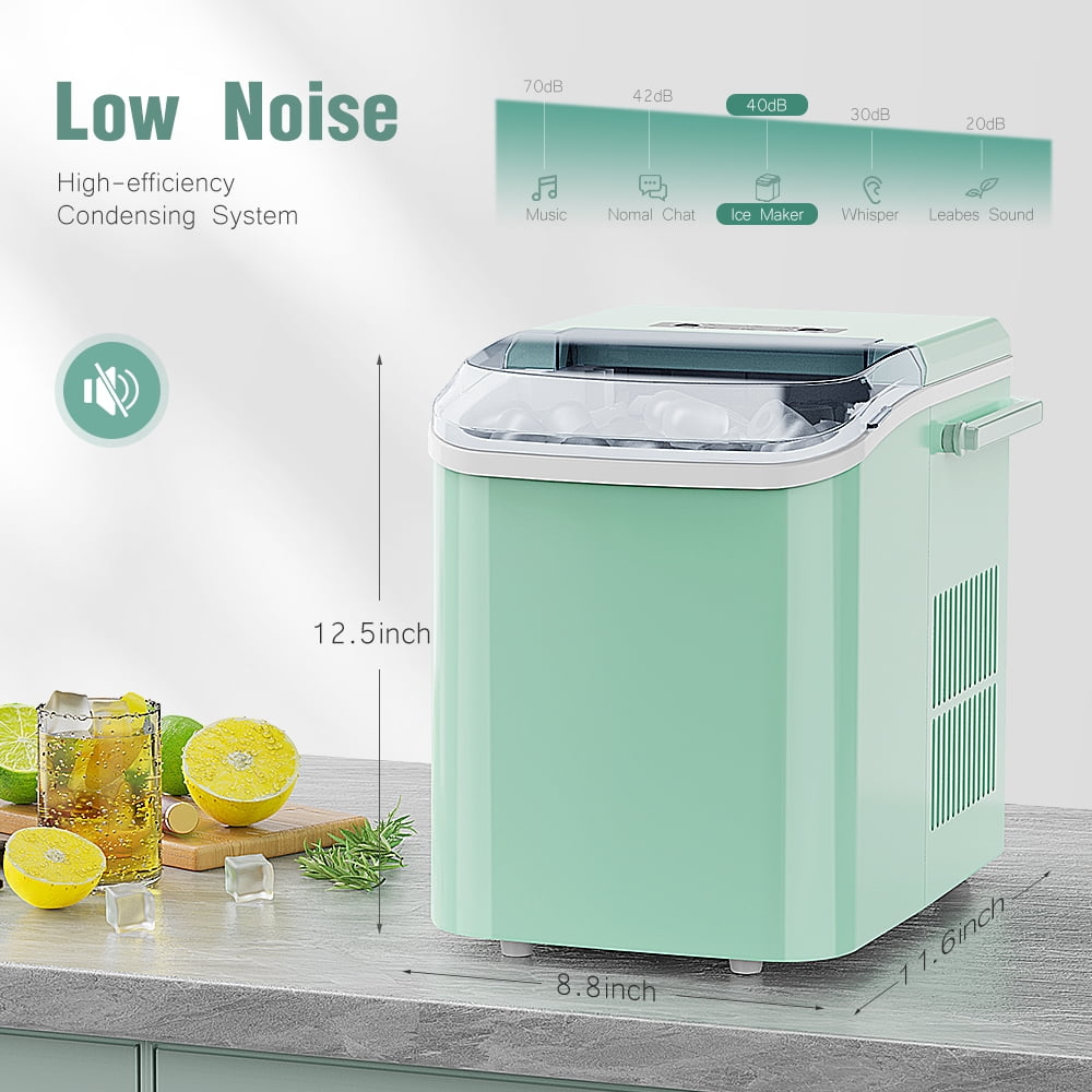 Portable Self Cleaning Countertop Ice Maker Machine, 6 Mins/9 Pcs, 26.5lbs/24Hrs, 2 Sizes of Bullet Ice, Ideal for Kitchen, Office, and Parties, Stainless Steel Green Ice Maker with Scoop and Basket