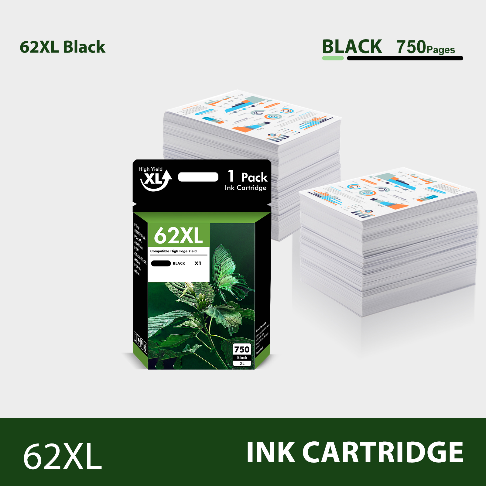 62XL Ink Cartridges Compatible for 62 XL Ink for Envy 5540 5640 5660 7644 7645 Printer 2 pack Black