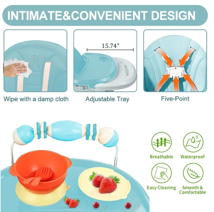 LHUAI, Foldable Baby High Chair, 4 in 1 Convertible High Chairs, With 5-Point Safety Harness, Adjustable Dining Tray & Backrest & Height, Easy To Clean Surface, For Babies And Toddlers, Light Blue