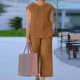 thumbnail image 2 of Women’s Casual Linen 2 Piece Outfits Cap Sleeve Crewneck Blouse with Loose Wide Leg Cropped Pants Sets With Pockets, 2 of 7
