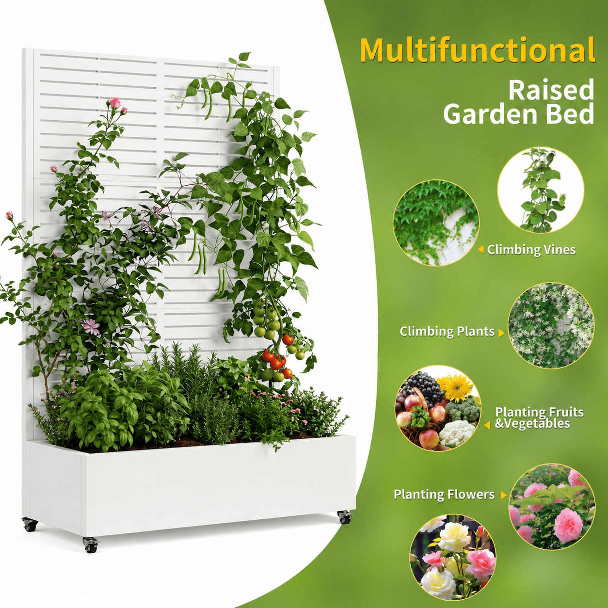 Metal Planter Box with Trellis, 73"x47"x16" Metal Raised Garden Bed with Trellis, Metal Planter Box with Drainage Holes & Lockable Wheels & Privacy Screen for Climbing Plants, Vegetables, Vines