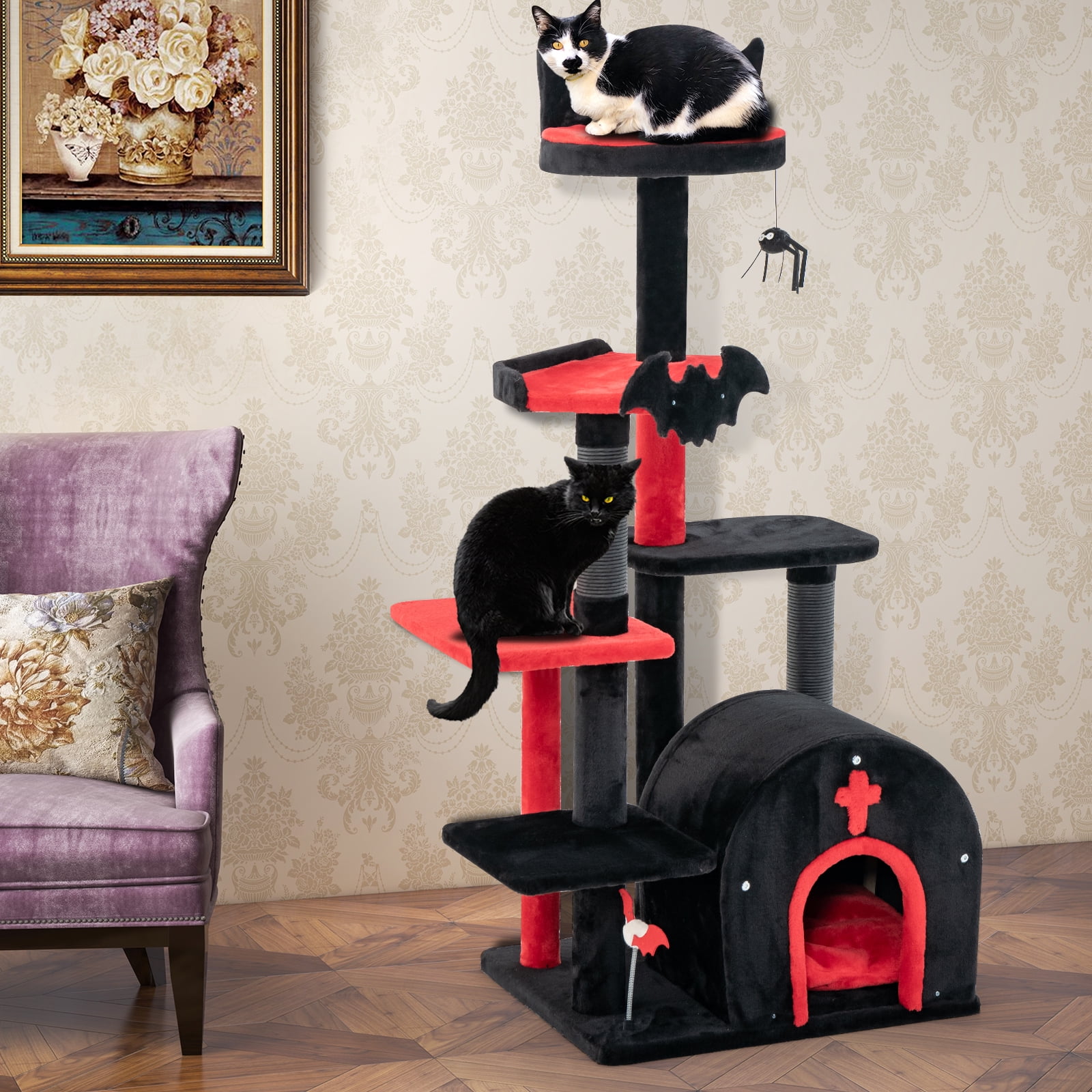 Infans 6-Tier Gothic Cat Tree 53” Tall Cat Tower w/ Cat Bed Arch-Shaped Condo Pompom
