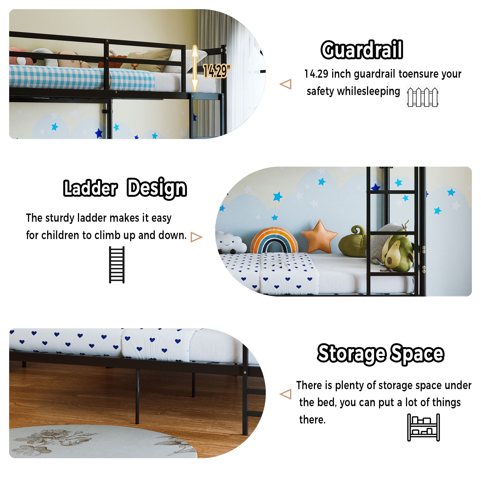 MAYEERTY Full Over Full Metal Bunk Bed, Heavy Duty 770 lbs Capacity Frame, Sturdy Steel Bunk Bed with Guardrail and Ladder for Kids Teens Adults, Black