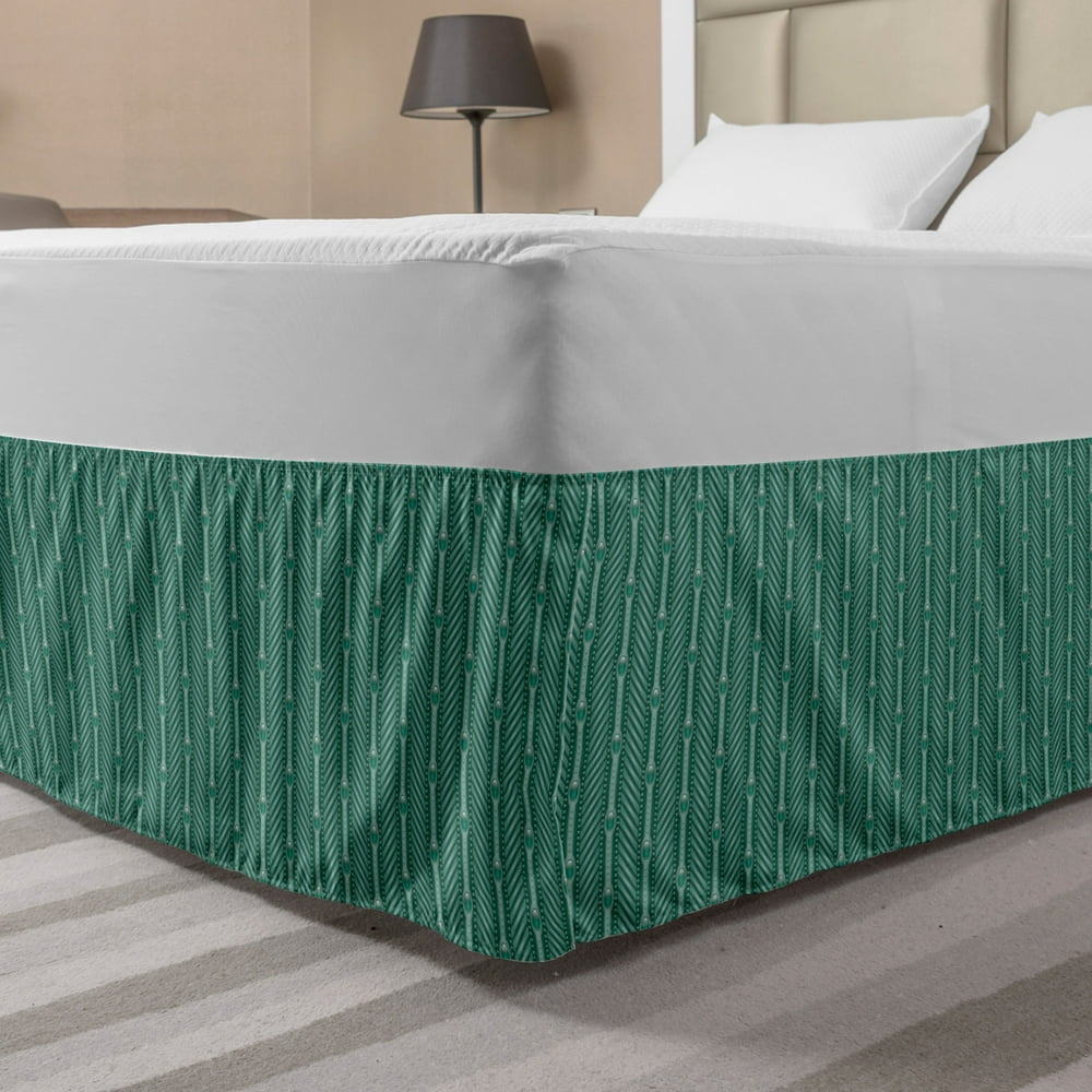 Teal Green Bed Skirt, Gemstone Inspired Forms as Vertical Design with Diagonal Lines, Elastic