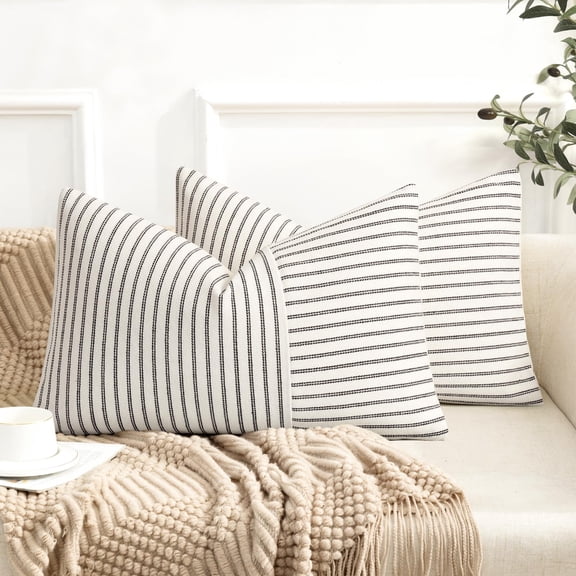 Lanola Farmhouse Pillow Covers 20x20, Modern Accent Square Throw Pillow Covers Set of 2, Gray and Beige Striped Patchwork Linen Decorative Pillows Cushion Covers for Couch Chair Bedroom Home Decor