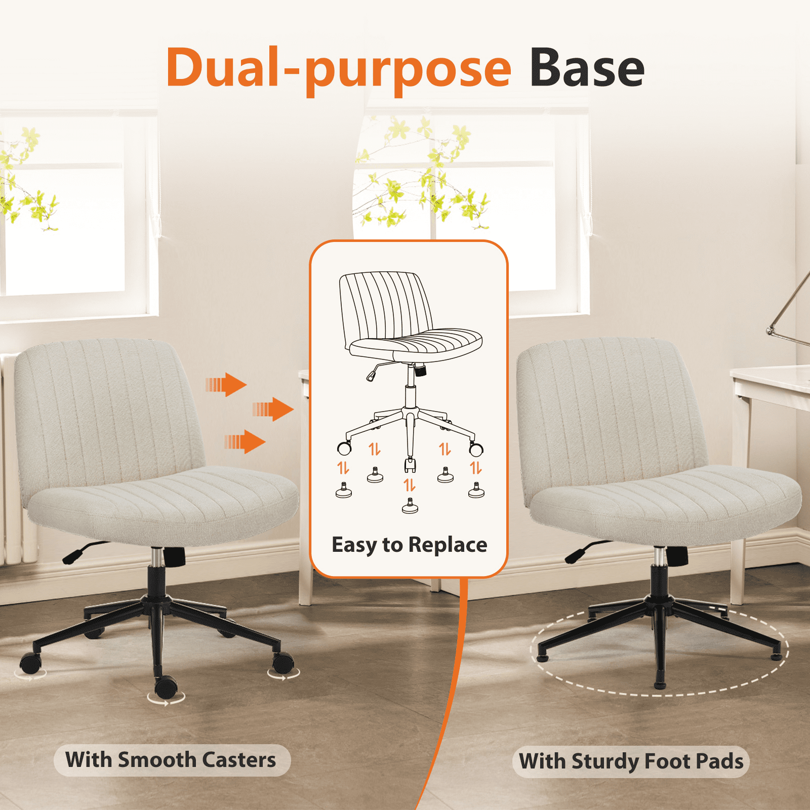 MAYEERTY Office Desk Vanity Chair Cross Legged Armless Swivel Fabric Height Adjustable Wide Seat with Replaceable Wheels/Fixed Base, Comfy Task Chair Padded