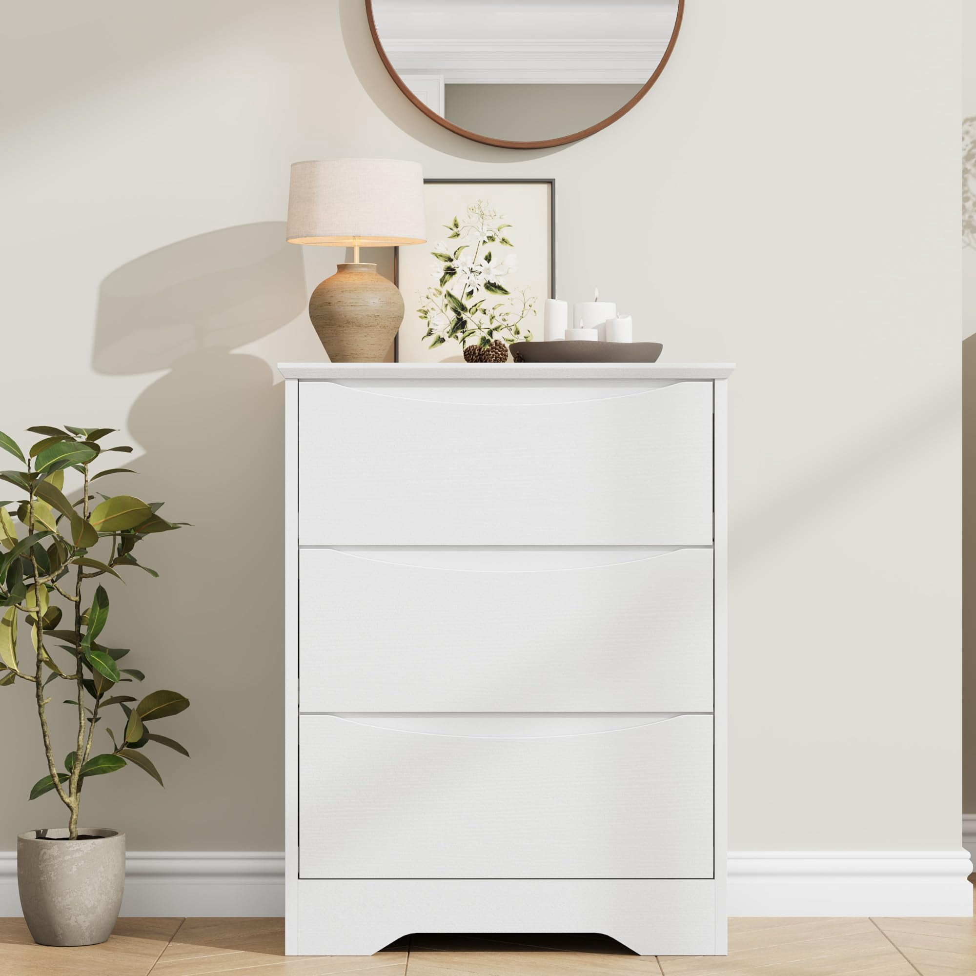 Kicctian Modern Dresser with 3 Deep Drawers, 30" Tall Wooden Storage Cabinet for Bedroom, Living Room, Entryway, White Wood Grain Finish