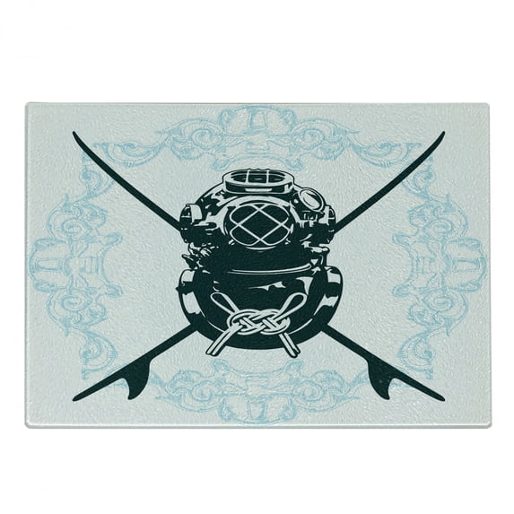 Surf Cutting Board, Surf Sign with Diving Suit and Elements Myst Underwater Recreational Design, Decorative Tempered Glass Cutting and Serving Board, Small Size, Dark Petrol Blue Blue, by Ambesonne