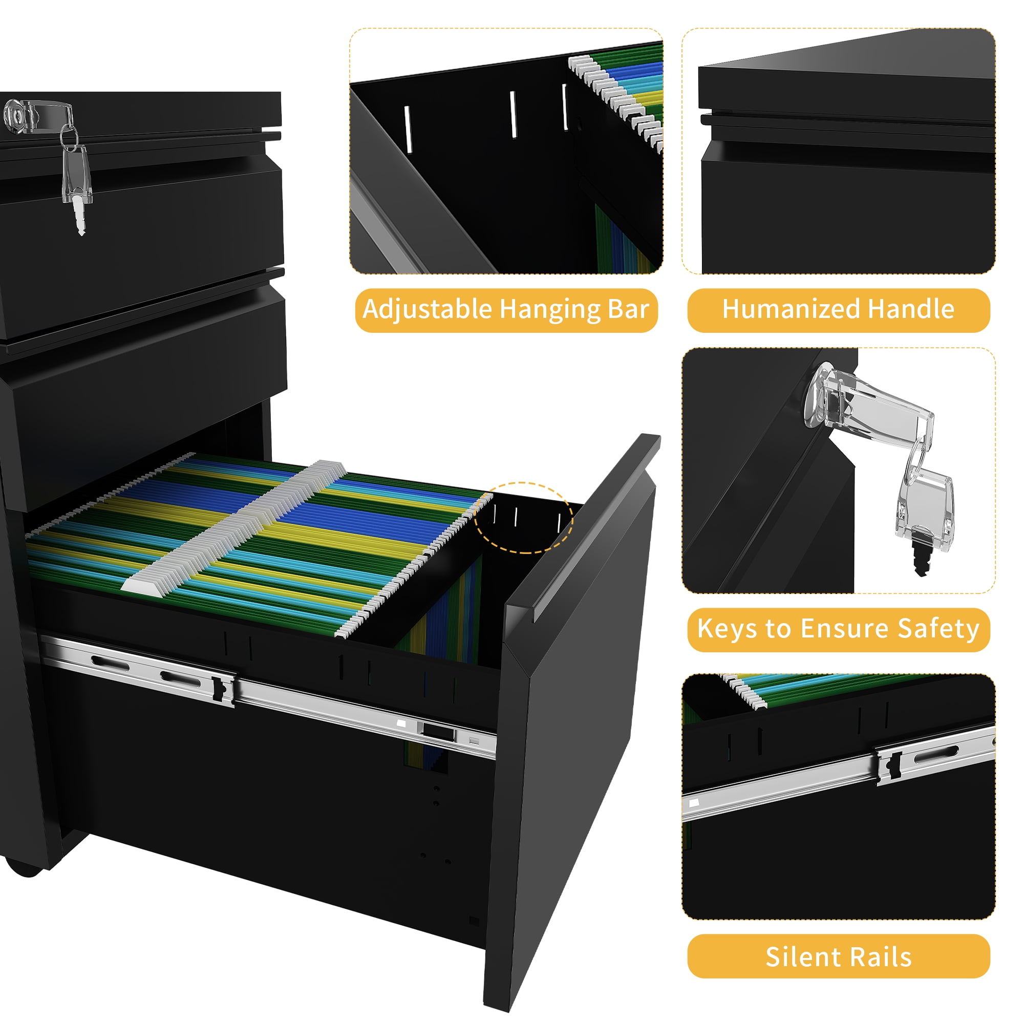 Uforic Fully Assembled 3-Drawer Lockable File Cabinet for Letter/Legal/A4 Size, Mobile Filing Cabinet with Wheels, Black