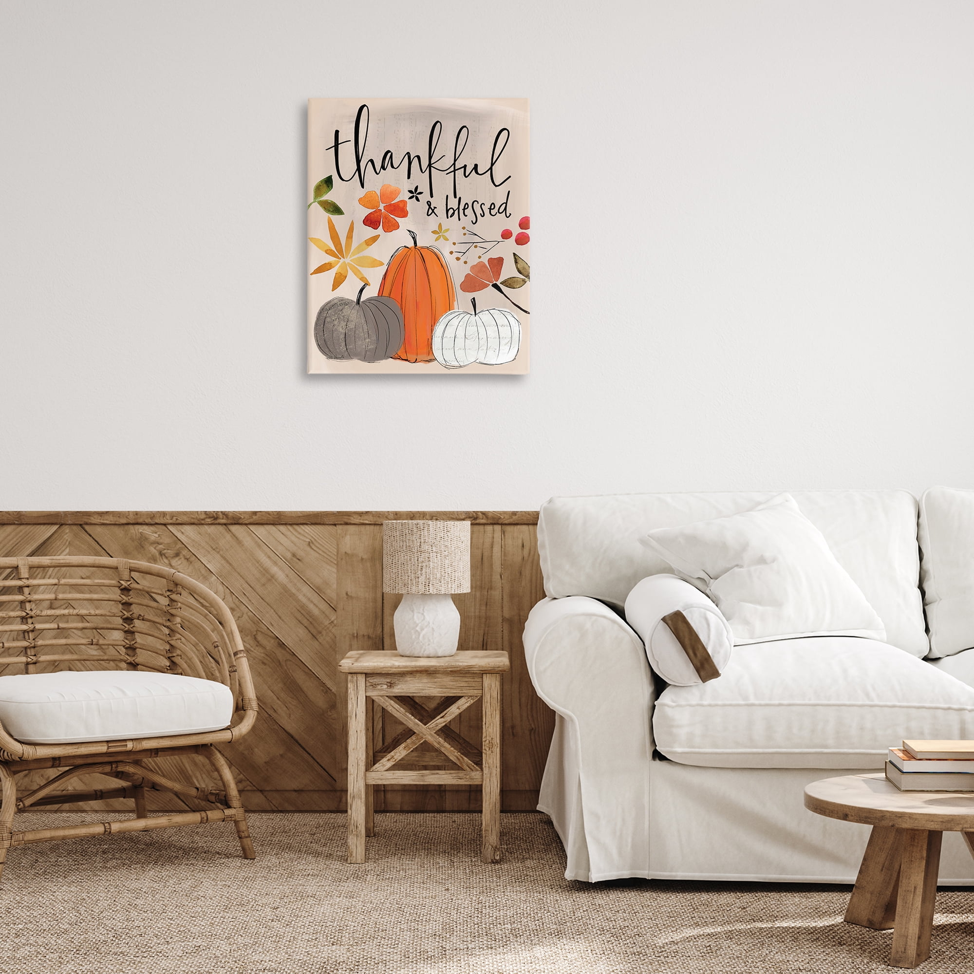 Stupell Industries Thankful & Blessed Pumpkins Botanical & Floral Painting Gallery Wrapped Canvas Art Print Wall Art, 24 x 30