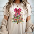 thumbnail image 5 of Colorful Glitter Christmas Tree Pink Bow T-Shirt, Pink Bow Coquette Holiday Tee, 5 of 8