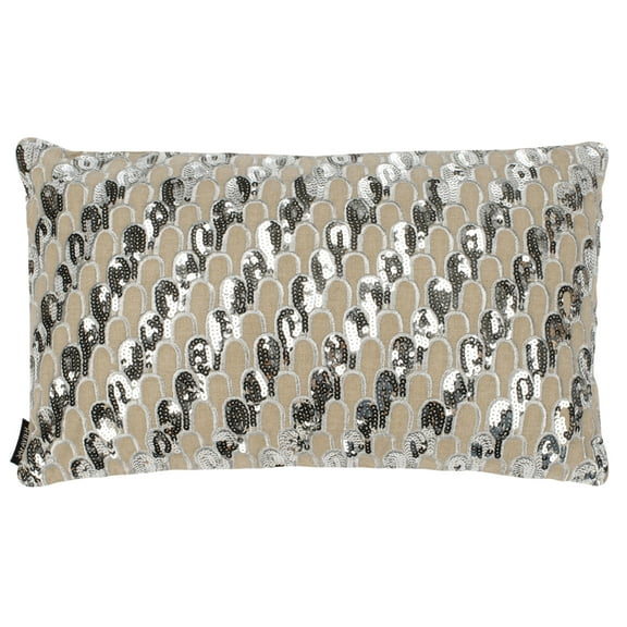 SAFAVIEH Angelien Striped Sequence Plush Pillow, 12" x 20", Beige/Silver