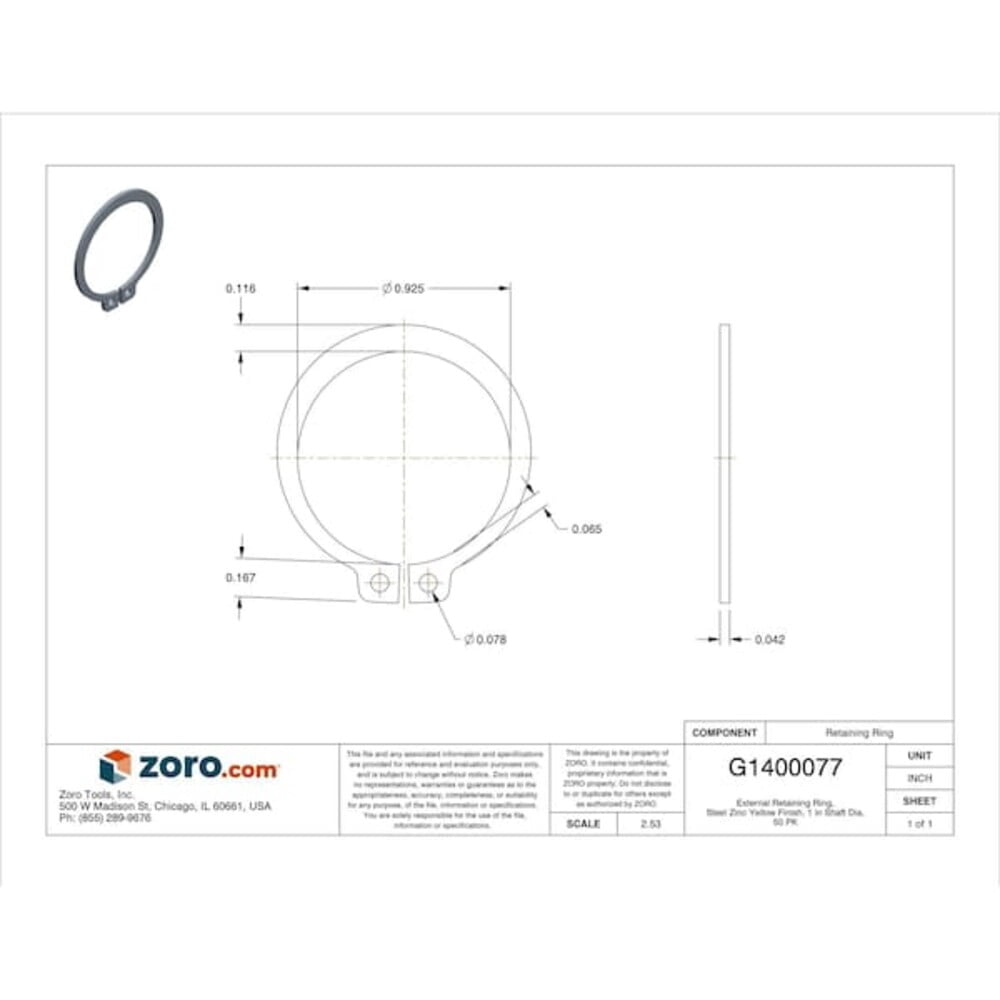 External Retaining Ring, Steel, Zinc Yellow Finish, 50 PK SH-100ST ZD