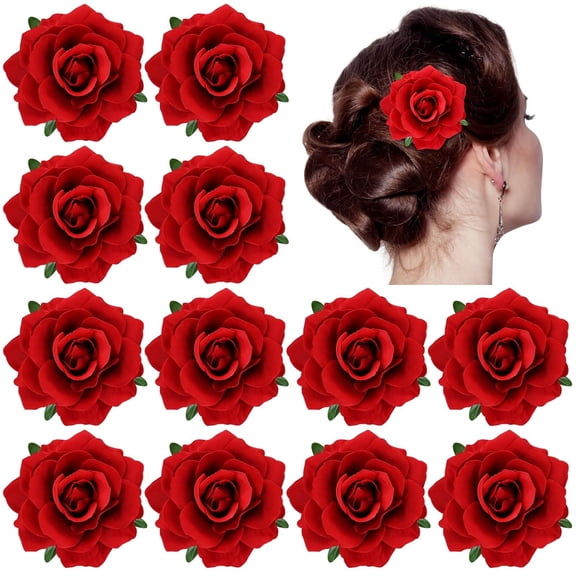 12 Pack Red Rose Flower Hair Clips & Brooch Pins - Flamenco Dancer Floral Hair Accessories for Weddings, Prom, Mexican Fiesta, and Bridal Headpieces
