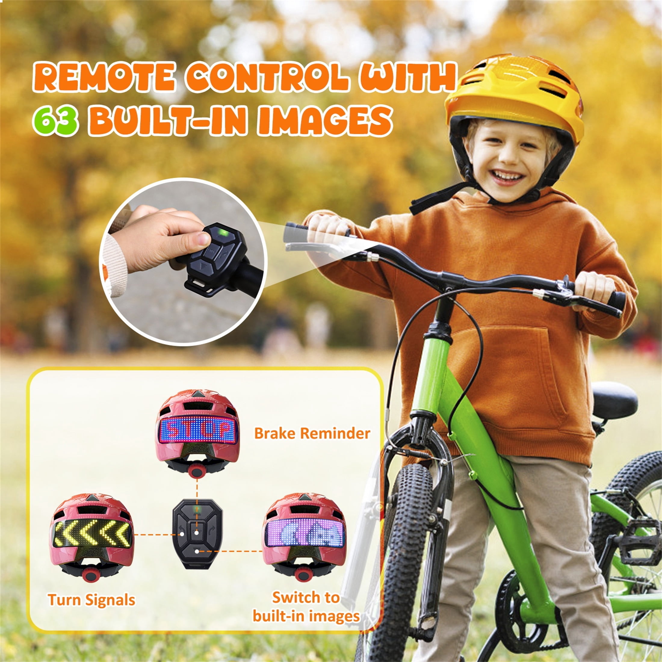 Kids Bike Helmet with LED Display & Remote Control, 64 Light Patterns, Turn & Stop Signals, Multi-Sport Helmet for Toddler & Youth Ages 3-14, Safe for Boys Girls Bicycle Scooter Mountain Bike
