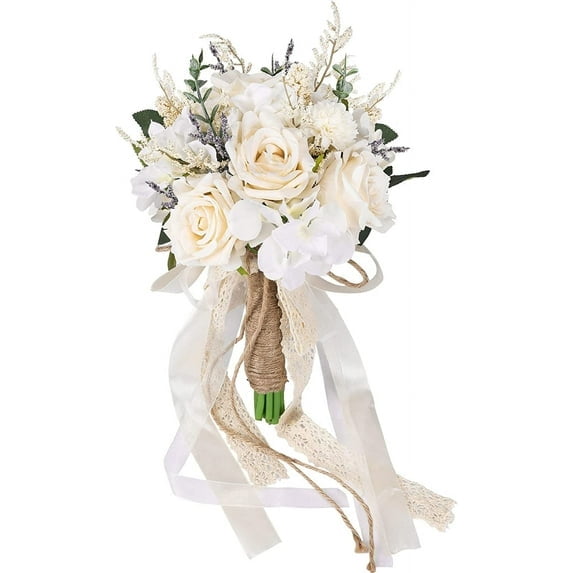 Mictong Bride Bridesmaids Fairy Wedding Bouquet, Hand held Flowers, Champagne colored Artificial Roses Wedding Decoration, 11.8 inches, White, 1 piece