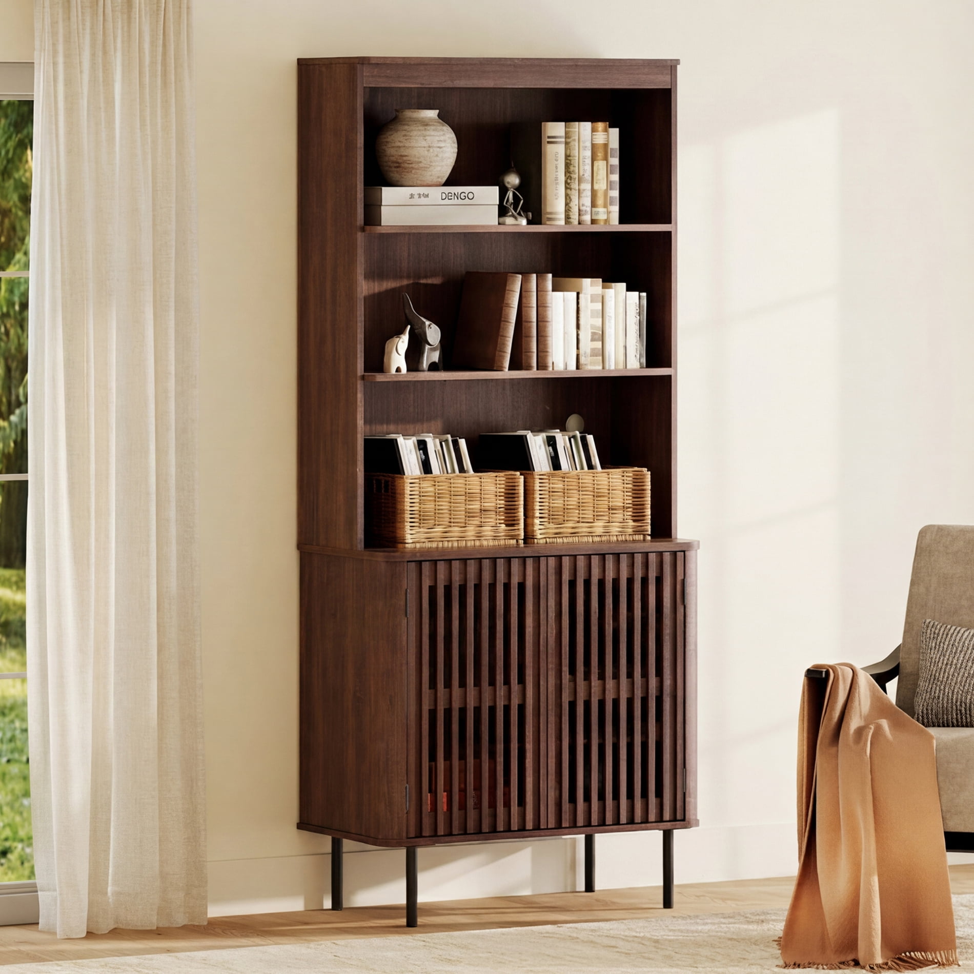 WAMPAT 72.8" Tall 5-Tier Bookshelf with Doors, Modern Bookcase with Storage, Adjustable Shelves, Wood Storage Cabinet, Walnut，3 PCS