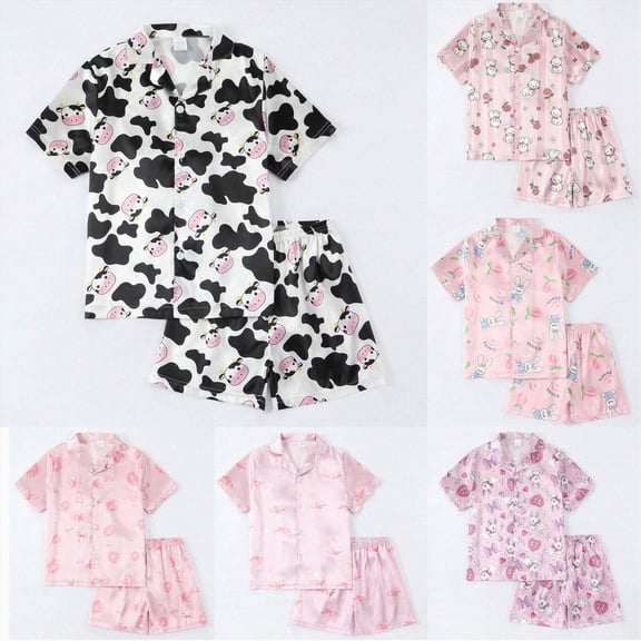 larppty Girls Satin Pajamas Set, Silk Button-Down Sleepwear 2 Piece Nightwear(Black,9-10 Years)