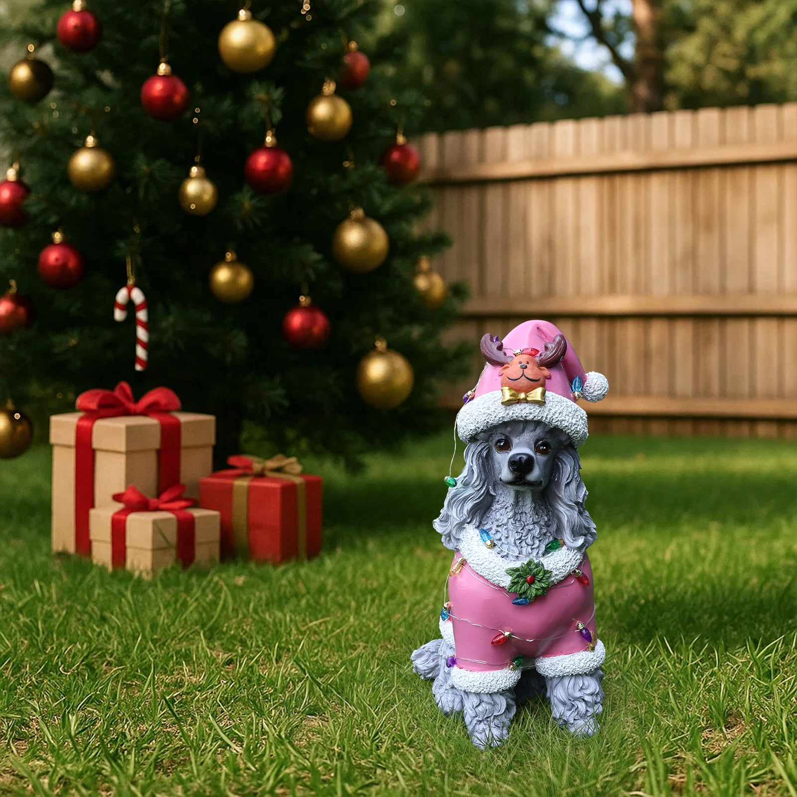 Poodle Pink Santa Outfit Christmas Dog Statue with Santa Hat Holiday Tabletop Decor
