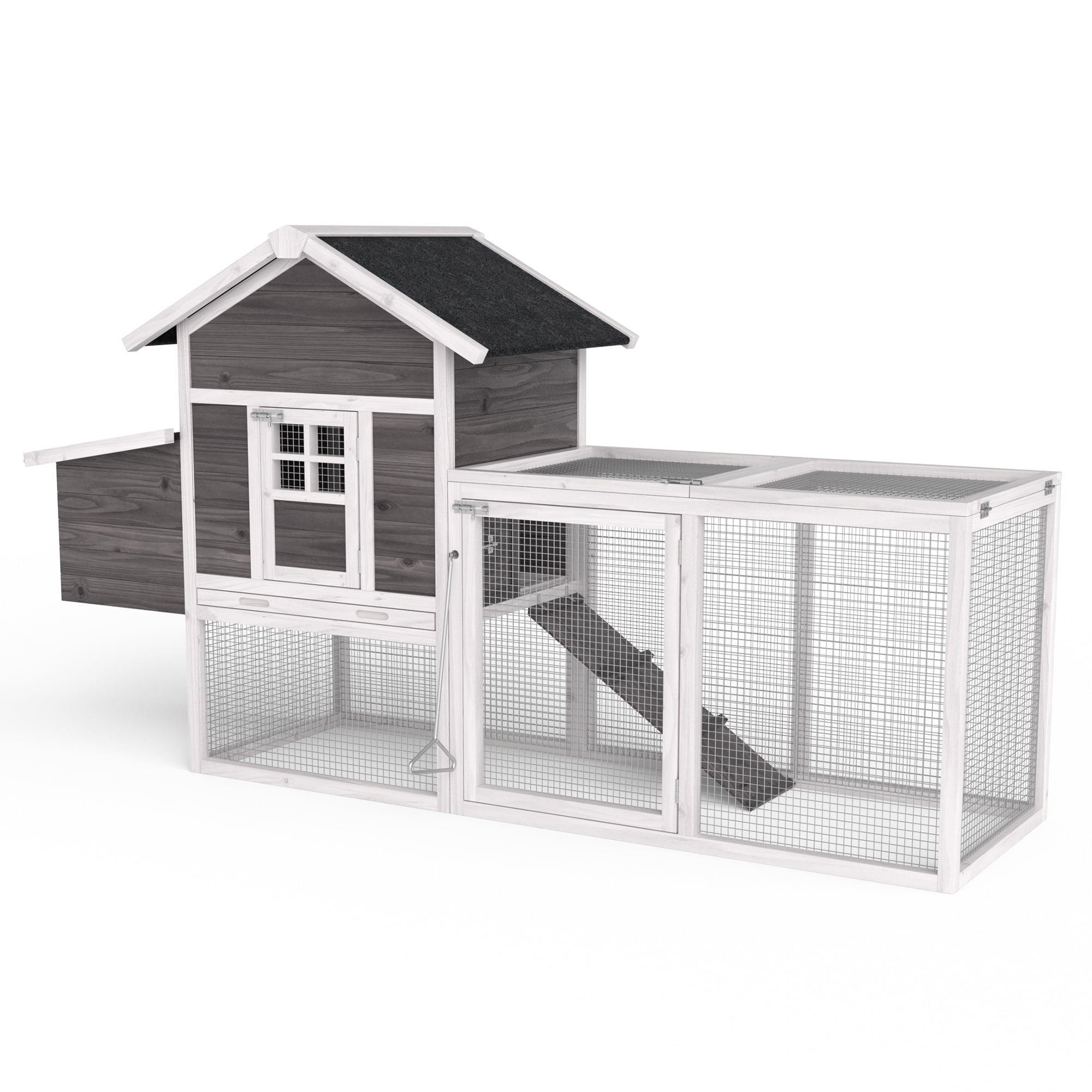 Outdoor Chicken Coop With Run Chicken Runs For Yard w/ Egg Box & Cover Wooden Hen House Rabbit Hutch w/ Tray, Gray