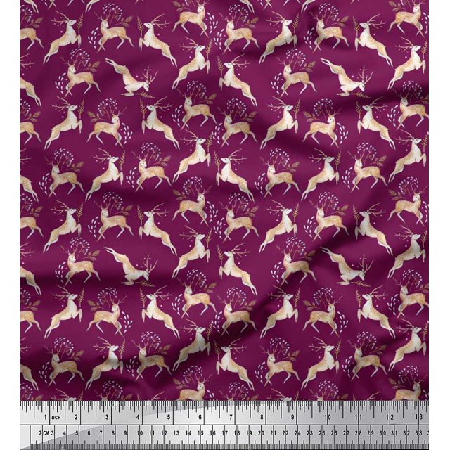 Soimoi Poly Georgette Fabric Leaves & Reindeer Animal Decor Fabric Printed Yard 52 Inch Wide