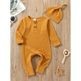 thumbnail image 2 of Newborn Baby Boy Girls Solid Color Jumpsuit Ribbed Long Sleeve Romper with Hat for Infant Toddler Fall Clothes 2Pcs Set, 2 of 7