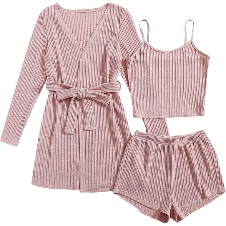 SOLY HUX Women's Sleepwear 3pcs Ribbed Knit Cami Top and Shorts Pajama Set  with Robe 