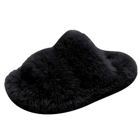 

Splozh Girls Fluffy Slippers for Kids Cute Fuzzy Slippers Open Toe Warm Slides Parallel Band Plush Slip On House Indoor Slippers Black 13.5
