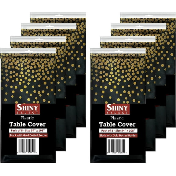 SHINY SELECT [ 8 Pack ] Black/Gold Polka Dot Plastic PartyTablecloths for Wedding, Anniversary, Birthday, BBQ, Holiday Celebration, Family Gathering, Picnic Decor 54"x108" (Black with Gold Dots)