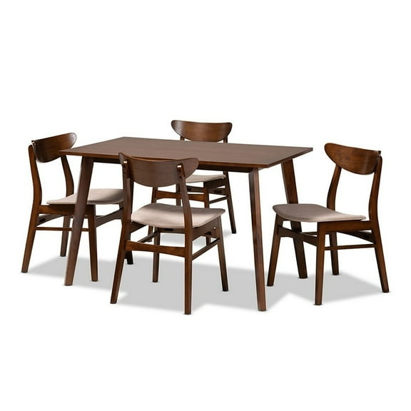 Baxton Studio Orion Mid-Century Modern Transitional Light Beige Fabric Upholstered and Walnut Brown Finished Wood 5-Piece Dining Set