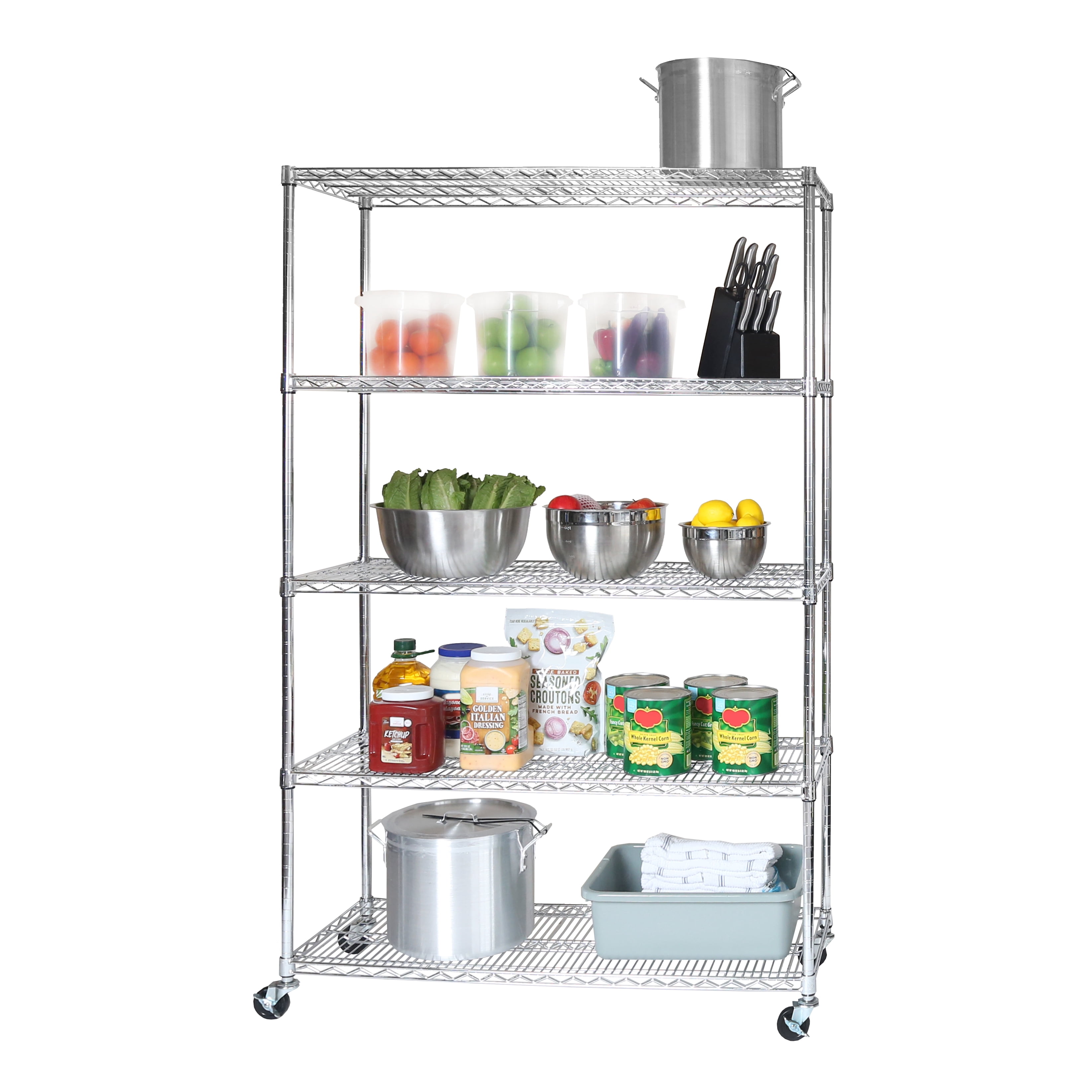 Seville Classics UltraDurable Commercial-Grade 5-Tier NSF-Certified Steel Wire Shelving with Wheels, 48" x 18", Chrome