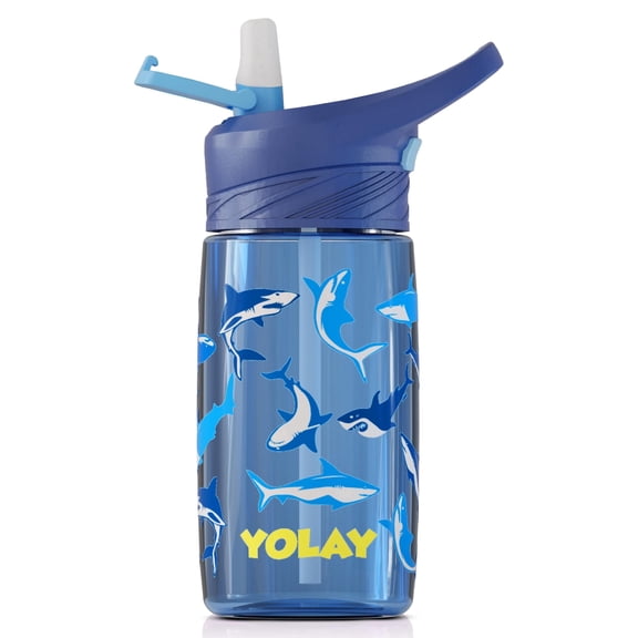 YOLAY 15oz Kids Water Bottle For School Boys and Girls, Water Bottle with Straw Lid Leak-Proof, Spill Proof, Easy Clean and Dishwasher Safe with Re-Usable and BPA Free - Shark