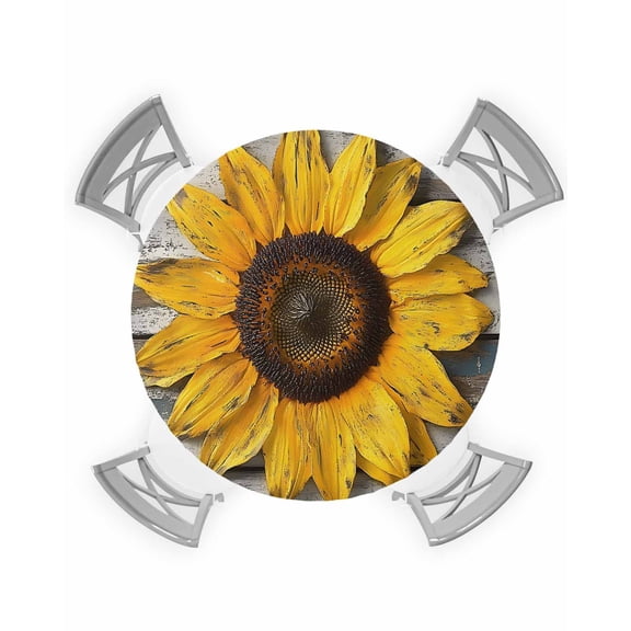 nqOlkjepod Sunflower Retro Round Tablecloth, Fitted Table Cover with Elastic for 36"-44" Round Tables, Summer Farmhouse Floral Wooden Table Cloth Outdoor Indoor Dinning Party Waterproof Tablecloths