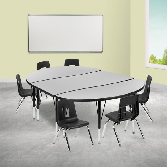 Flash Furniture Emmy 76" Oval Wave Flexible Laminate Activity Table Set with 14" Student Stack Chairs, Grey/Black