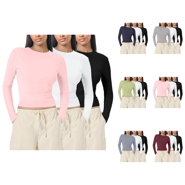 3 Pcs Hauts à Manches Longues pour Femmes 2026 Printemps Décontracté Court Col Rond Amincissant T-Shirt sous-Vêtement